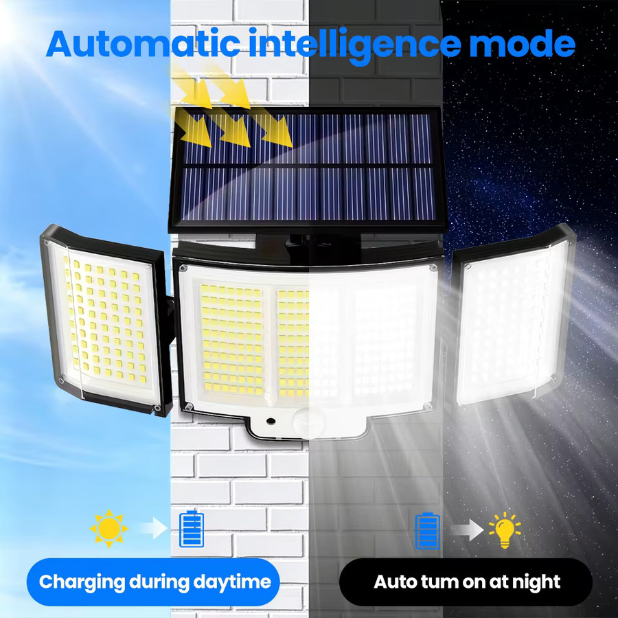 Solar-Außenleuchten mit 348 LEDs und Bewegungssensor, IP65 wasserdichte LED-Wandleuchte mit 3 Modi für Garten und Hof, schwarzes Solar-Flutlicht mit 3 Köpfen - Bild 2