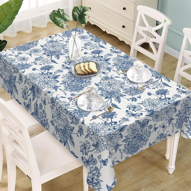 JMG Household Supplies Rechteckige Tischdecke mit Blau-Weißem Dahlienblumen- und Schmetterlingsmuster, B/L: 100 x 160 cm - Bild 1