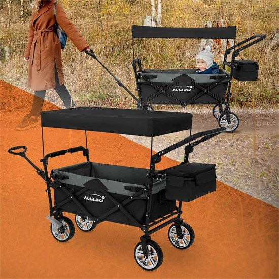 Hauki Bollerwagen XXL faltbar mit Dach und Tasche aus Stahl in Schwarz-Grau bis 120 kg Belastbarkeit - Bild 1