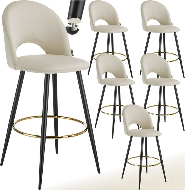 tectake Barstuhl in Samtoptik beige, gepolstert mit pulverbeschichteten Stahlbeinen, B/T/H: 49 x 58 x 110 cm - Bild 1