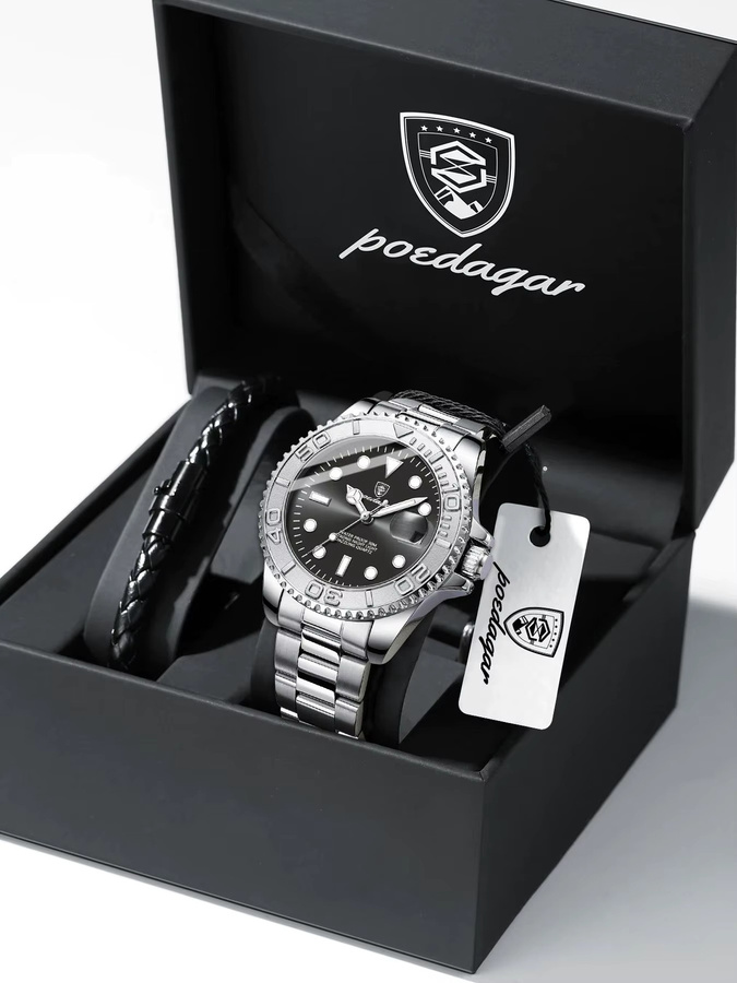 POEDAGAR Armbanduhr Edelstahl, Quarz, Datum, Schwarz, Herren - Bild 7