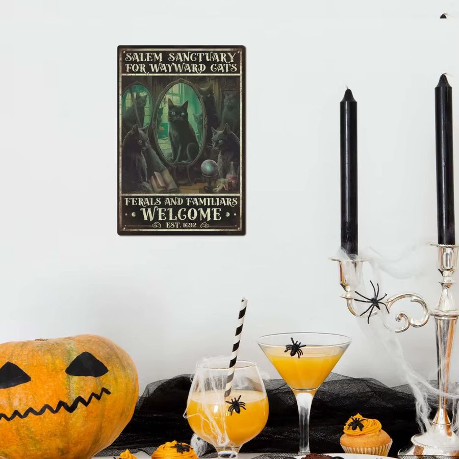 Putuo Decor Vintage-Metallblechschild Salem Sanctuary for Wayward Cats Wandkunst-Dekor für Halloween, Höhe: 30,0 cm, Breite: 20,0 cm - Bild 2