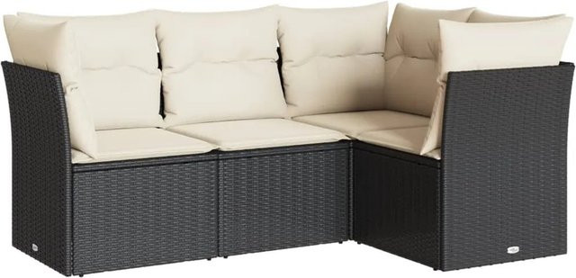 vidaXL 4-tlg Garten-Sitzgruppe in L-Form aus schwarzem Polyrattan mit Kissen und Stauraum - Bild 1