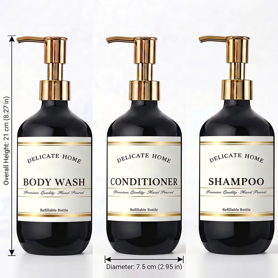 Schwarzes Nachfüllbares Duschflaschen-Set, 3er-Pack Kunststoff-Pumpflaschen für Shampoo, Conditioner und Duschgel, 500 ml pro Flasche - Bild 2