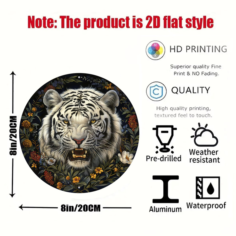 Potdemiel Rundes Aluminiumschild mit weißem Tiger-Motiv im Vintage-Stil, Wandkunst aus Metall, Durchmesser: 20 cm - Bild 2
