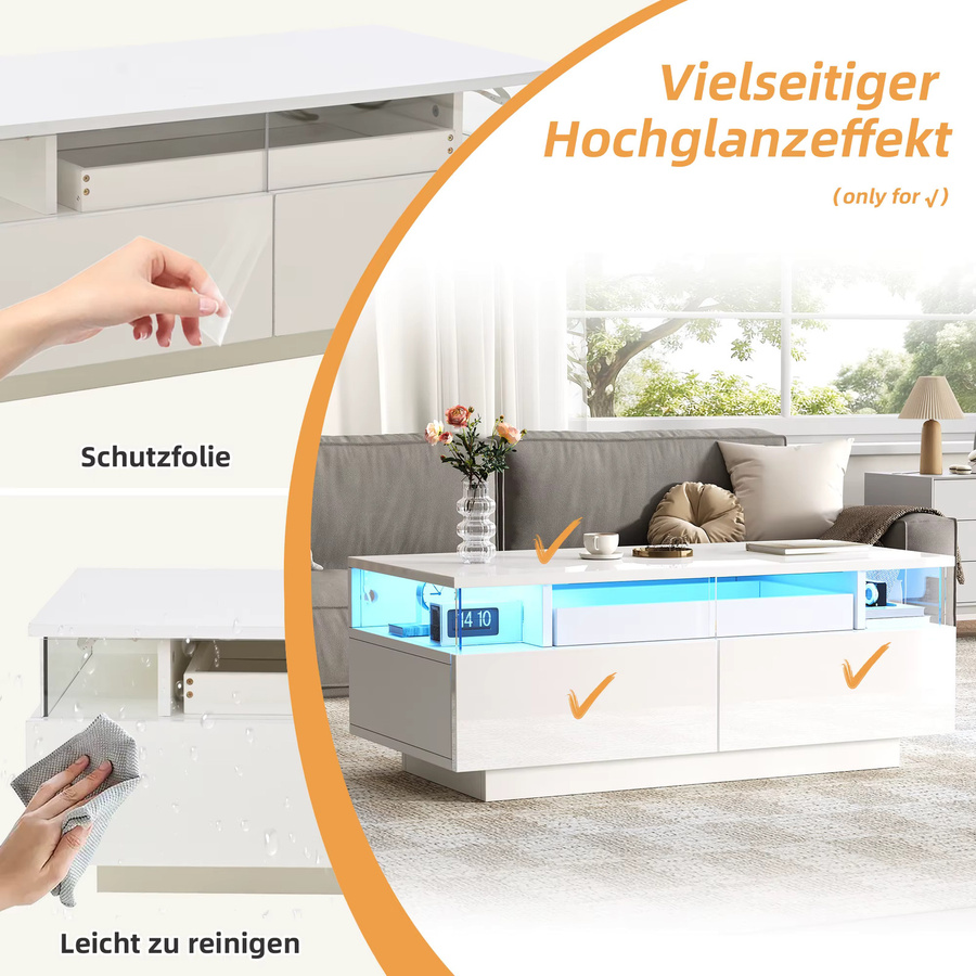 Okwish Couchtisch mit LED-Licht und 2 Schubladen aus Glas in Weiß, Breite: 90 cm - Bild 4
