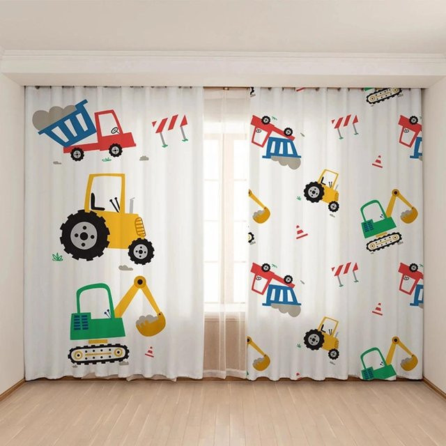 Yiran Furniture Vorhang für Kinderzimmer mit Spielzeugauto-Bagger Motiv, Blau-Gelb, 2er-Set, Breite: 65 cm, Höhe: 60 cm - Bild 1