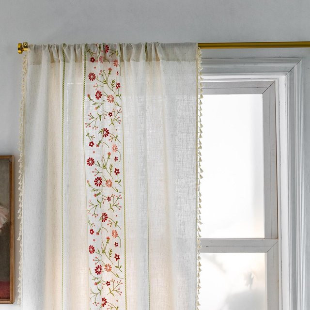 SH Home Decoration Erkerfenstervorhang mit Kunst-Quastenstickerei aus Baumwolle und Leinen, Weiß, Höhe: 45 cm, Breite: 132 cm - Bild 1