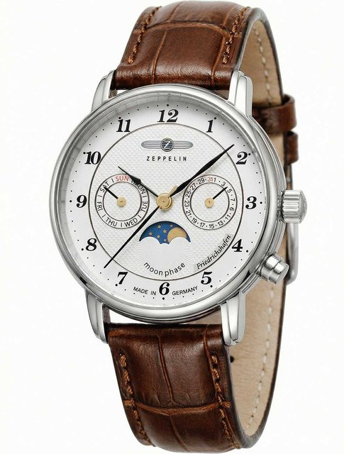 Zeppelin Armbanduhr, Mondphase, Quarz, Edelstahl, 35 mm, Leder, Unisex - Bild 1