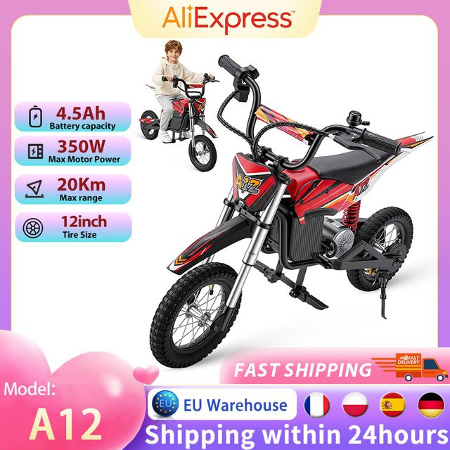 A12 Kids E-Moto, Spielfahrzeug, mit 350W Motor, 20km Reichweite, 36V4.5Ah Batterie, 3 Geschwindigkeiten, Doppelbremsen, Stoßdämpfer, LED Beleuchtung, Rot - Bild 1