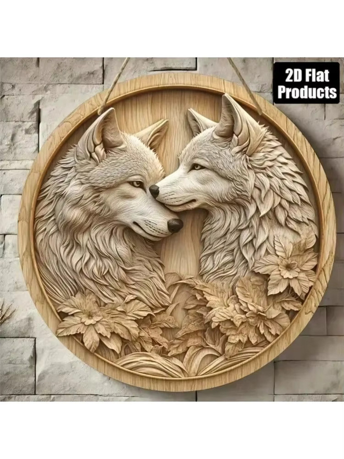 CIFBUY Vintage Wolf Wandkunst aus Holz und Metall in Braun, Rundes Rustikales Schild zur Heimdekoration - Bild 2