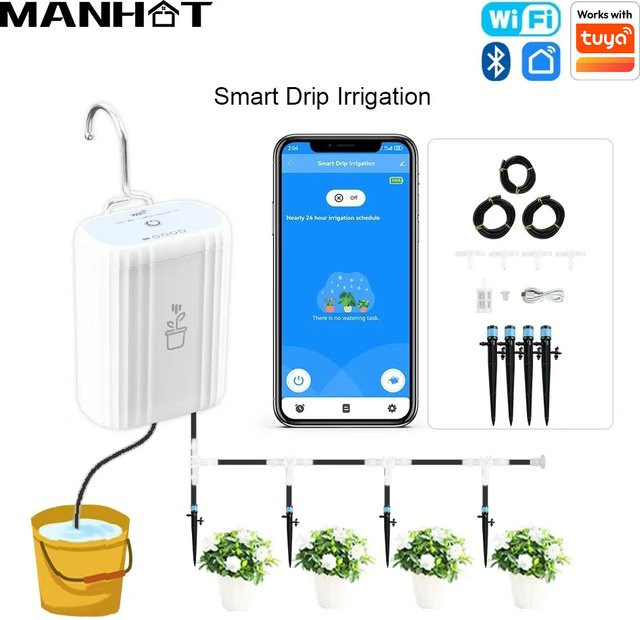 Manhot WLAN Smart Gartenbewässerungssteuerung mit 18650mAh Akku, Zeitgesteuerter Automatischer Bewässerungsplanung, Kompatibel mit Tuya, Weiß - Bild 1