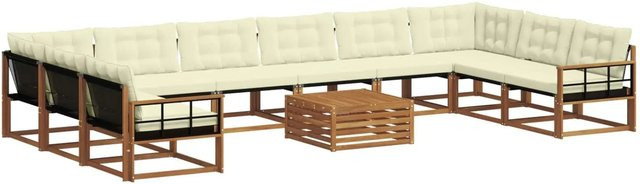 vidaXL Outdoor-Sofagarnitur aus Akazienholz mit Textilene und Kissen, 11-teilig, Natur und Creme - Bild 1