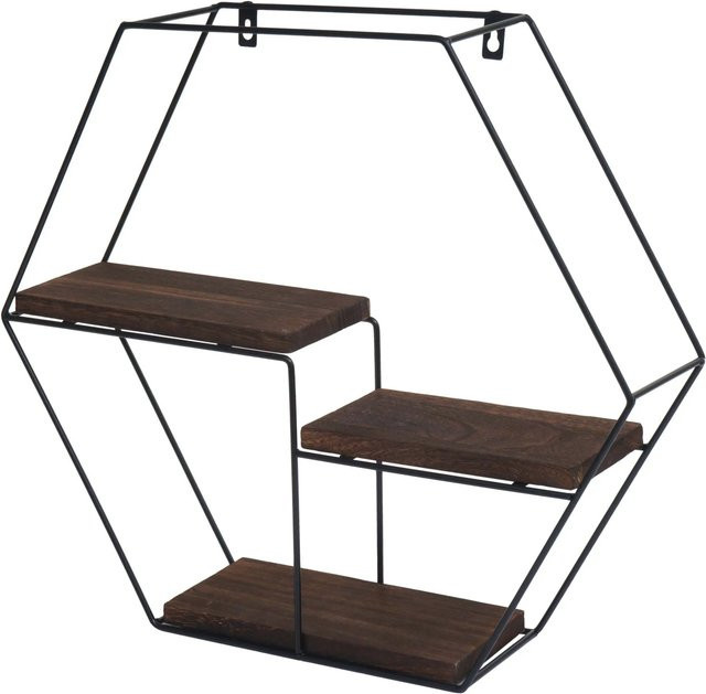BERLINLODGE Wandregal Sechseckig aus Paulowniaholz und Eisen im Industrial Design, Braun, H x B x T: 43 x 49 x 11 cm - Bild 1