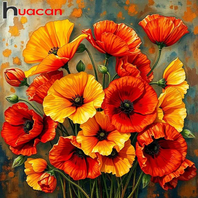 Huacan Diamantmalerei Mohnblume Blumen-Komplettset in Rot mit runden Steinen, B/H: 20 x 20 cm - Bild 1