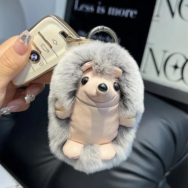 Schlüsselanhänger Igel, Rex-Kaninchenfell, Plüschtier, 12 cm, weiß, Unisex - Bild 1