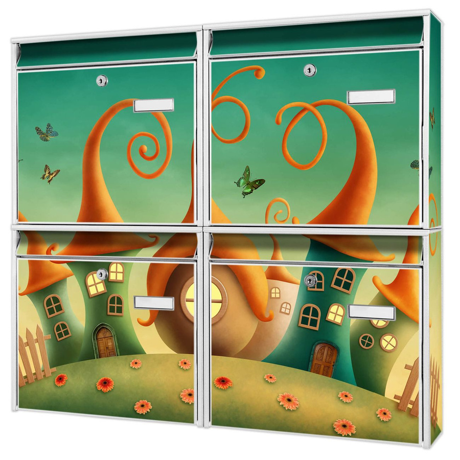 banjado Burg Wächter Briefkastenanlage für 4 Parteien in Weiß mit Zwergenhaus Motiv, verzinkt und lackiert, B/H/T: 64,5 x 72,5 x 10 cm - Bild 1