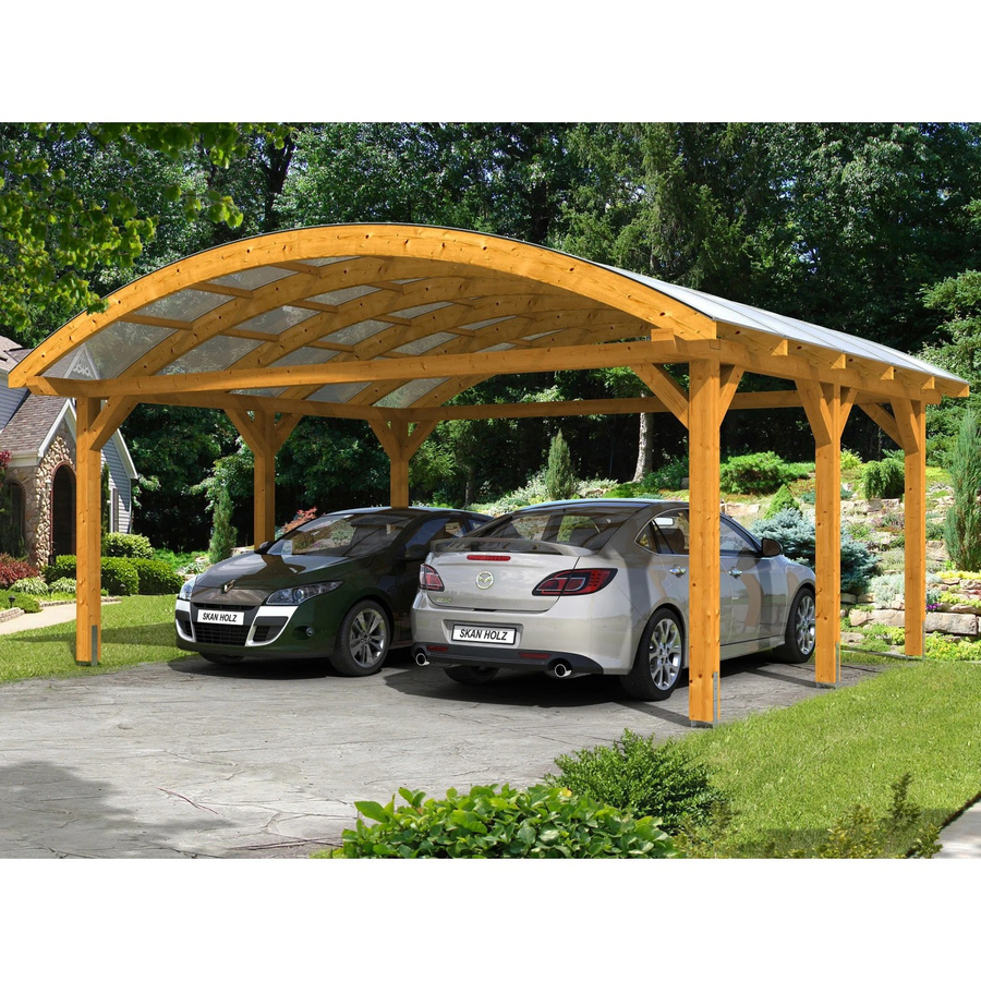 Skan Holz Carport Franken Bogendach mit Doppelstegplatten aus Polycarbonat, Eiche hell lasiert, B/T: 635 x 541 cm, Höhe: 325 cm - Bild 2