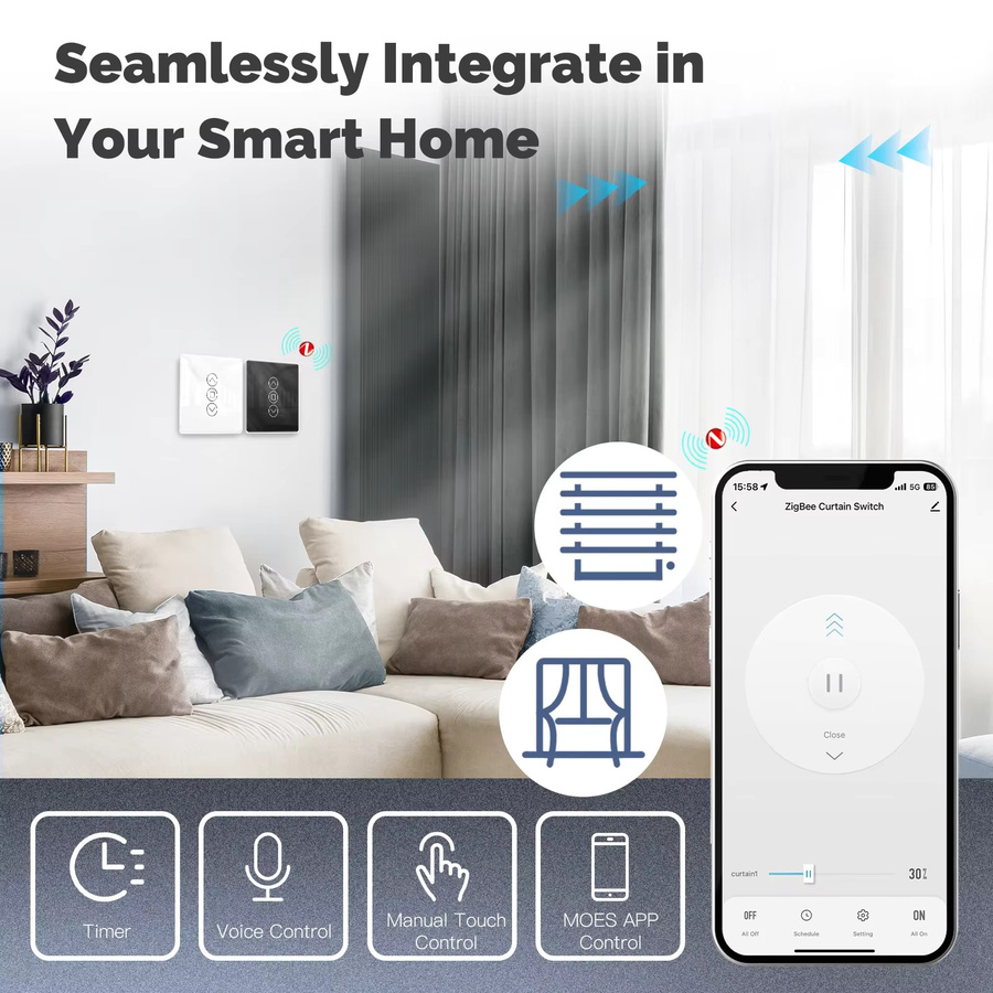 MOES Tuya ZigBee Smart Vorhangschalter mit RF433 Unterstützung, Arc Glas Touch Panel in Weiß, kompatibel mit Alexa und Google Home - Bild 2