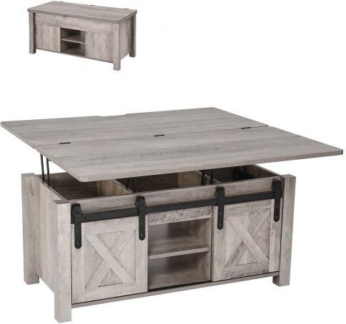 VEVOR Lift Top Couchtisch im Bauernhaus-Stil mit verstecktem Staufach und Scheunentor, höhenverstellbarer Kaffeetisch aus MDF in Eiche, B/T/H: 100 x 50 x 48,5 cm - Bild 1