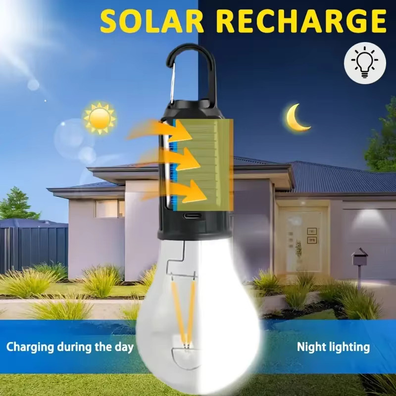Wiederaufladbare Solar-LED-Campinglampe mit Typ-C Anschluss und 3 Lichtmodi in Schwarz - Bild 4