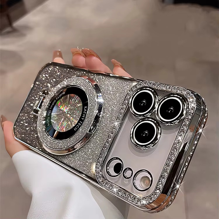 Glitzernde Magnetständerhülle für Apple iPhone 16 und 15 Plus in Schwarz oder Silber mit Premium-Schutz und Full-Coverage - Bild 2