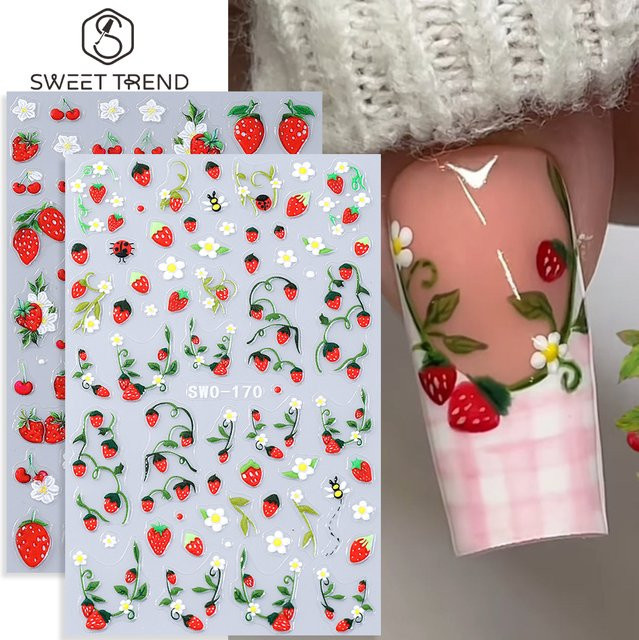 SWEET TREND Nagelaufkleber, Erdbeer-Kirsch-Blumen-Bienen-Muster, 2 Stück, glänzend - Bild 1