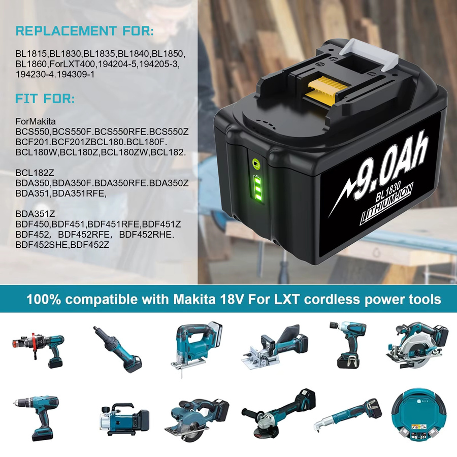 Bonacell Ersatzakku für Makita 18V LXT Elektrowerkzeuge, 9Ah Lithium-Ionen Akku, Schwarz - Bild 2