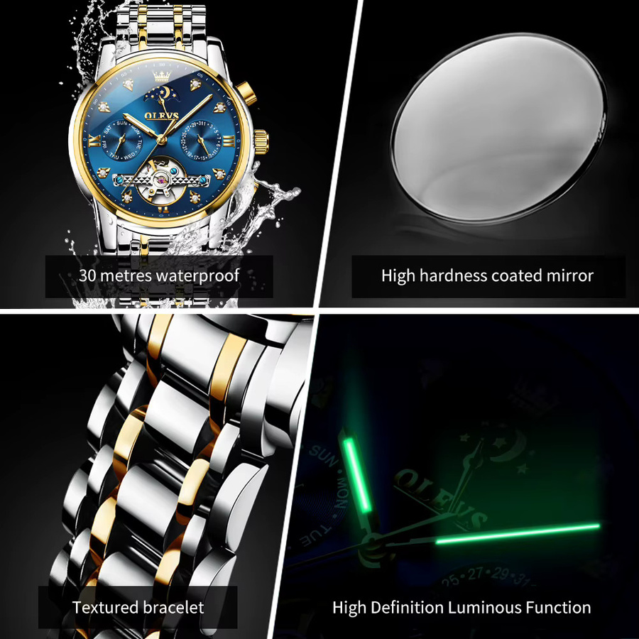 OLEVS Armbanduhr Automatik, Edelstahl, Blau, Herren - Bild 6