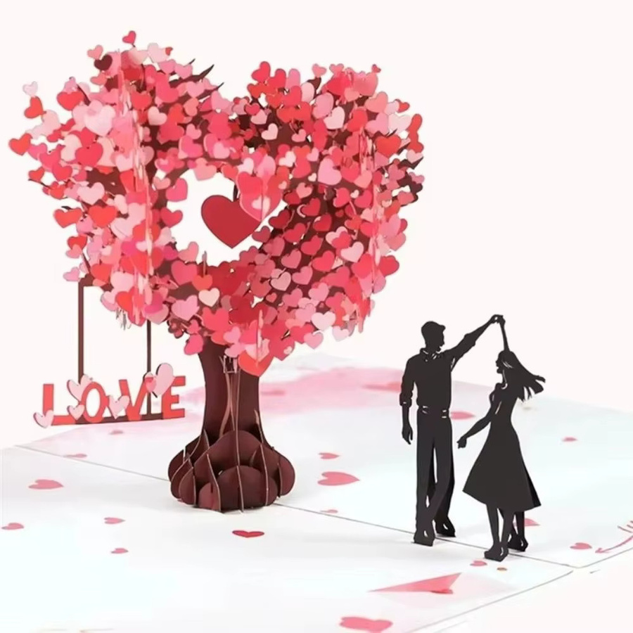 Elegante 3D-Herz-Baum-Grußkarte in Pink mit Umschlag als faltbare Hochzeits- und Liebespostkarte aus Papier - Bild 3