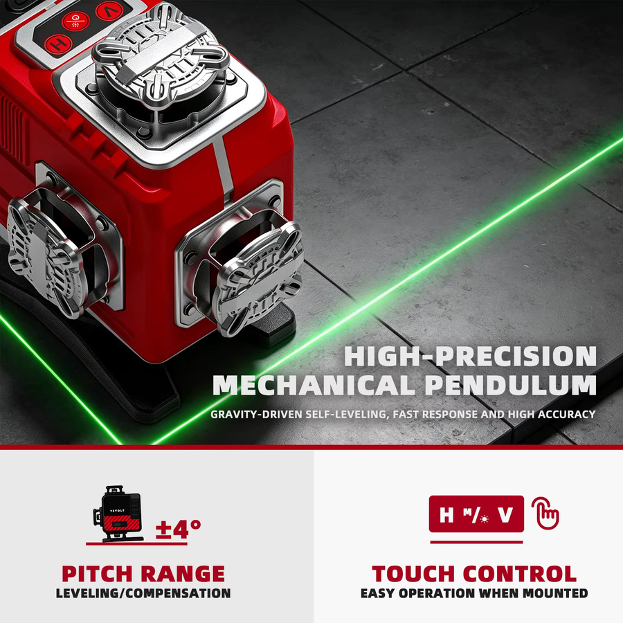 YEVOLT YVRLL4LD16 4-Flächen-Rotlichtlaser 4D mit 16 Linien, selbstnivellierendes Messwerkzeug für horizontale und vertikale Messungen, Farbe: Rot - Bild 2