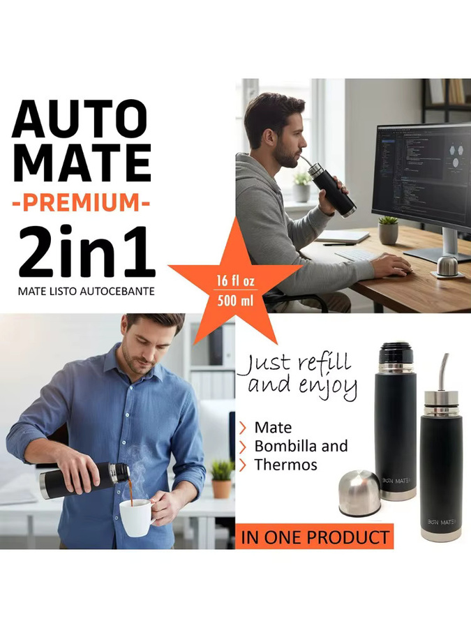 XMSJ 2-in-1 Edelstahl Yerba Mate Thermosbecher mit integriertem Bombilla-Trinkhalm, vakuumisolierte Wasserflasche, Schwarz - Bild 5