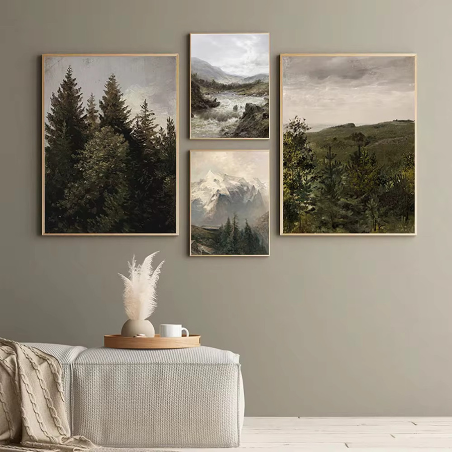 Potdemiel Vintage Wandkunst Leinwandposter Berg-Galerie mit Wald- und See-Landschaft in Mehrfarbig - Bild 2