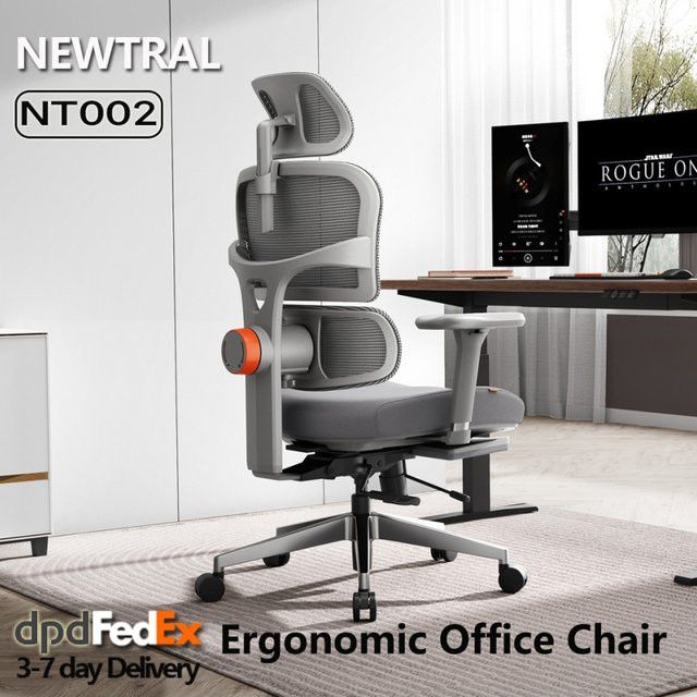 NEWTRAL NT002 Ergonomischer Bürostuhl aus Mesh mit Fußstütze, adaptiver Lordosenstütze, 3D Armlehnen und verstellbarer Kopfstütze in Grau - Bild 1