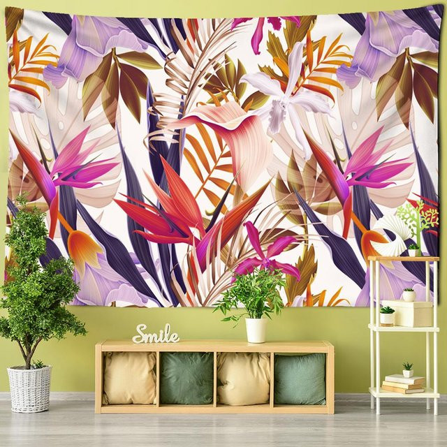 Wandteppich mit Papagei und tropischen Pflanzen im südostasiatischen Ölgemälde-Stil, Farbe Pink/Multicolor, B: 95 cm, H: 70 cm - Bild 1