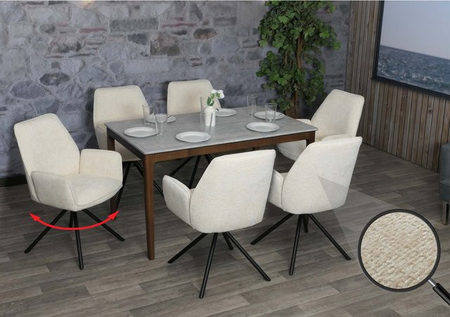 6er-Set MCW Esszimmerstühle G67 mit Armlehnen aus Chenille in Beige, drehbar mit Auto-Return-Funktion - Bild 1