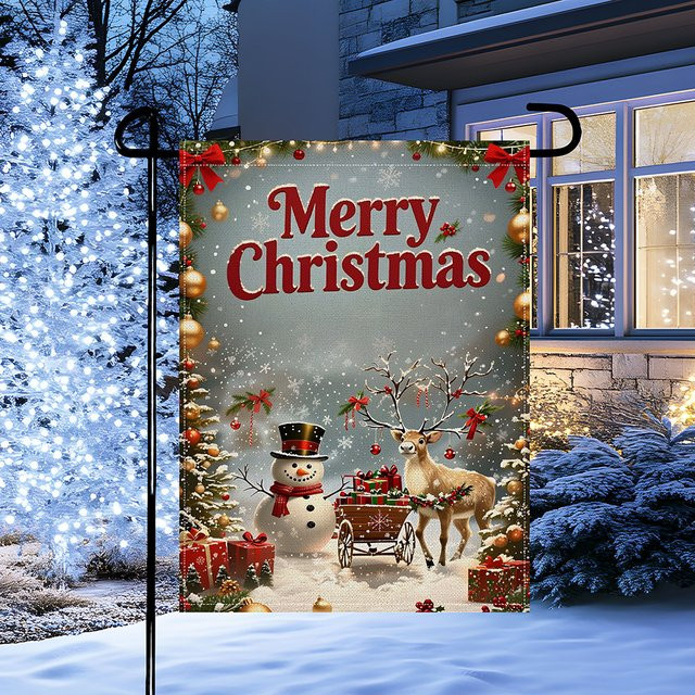 RoarGosh Frohe Weihnachten Gartenflagge doppelseitig mit Schneemann, Rentier und Elch, Mehrfarbig, B/H: 30 x 45 cm - Bild 1