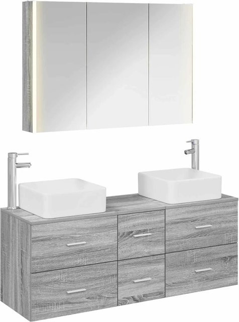 vidaXL Badezimmermöbel-Set 4-teilig in Grau, modern mit Spiegelschrank und Waschtischunterschrank aus Holz und Glas - Bild 1