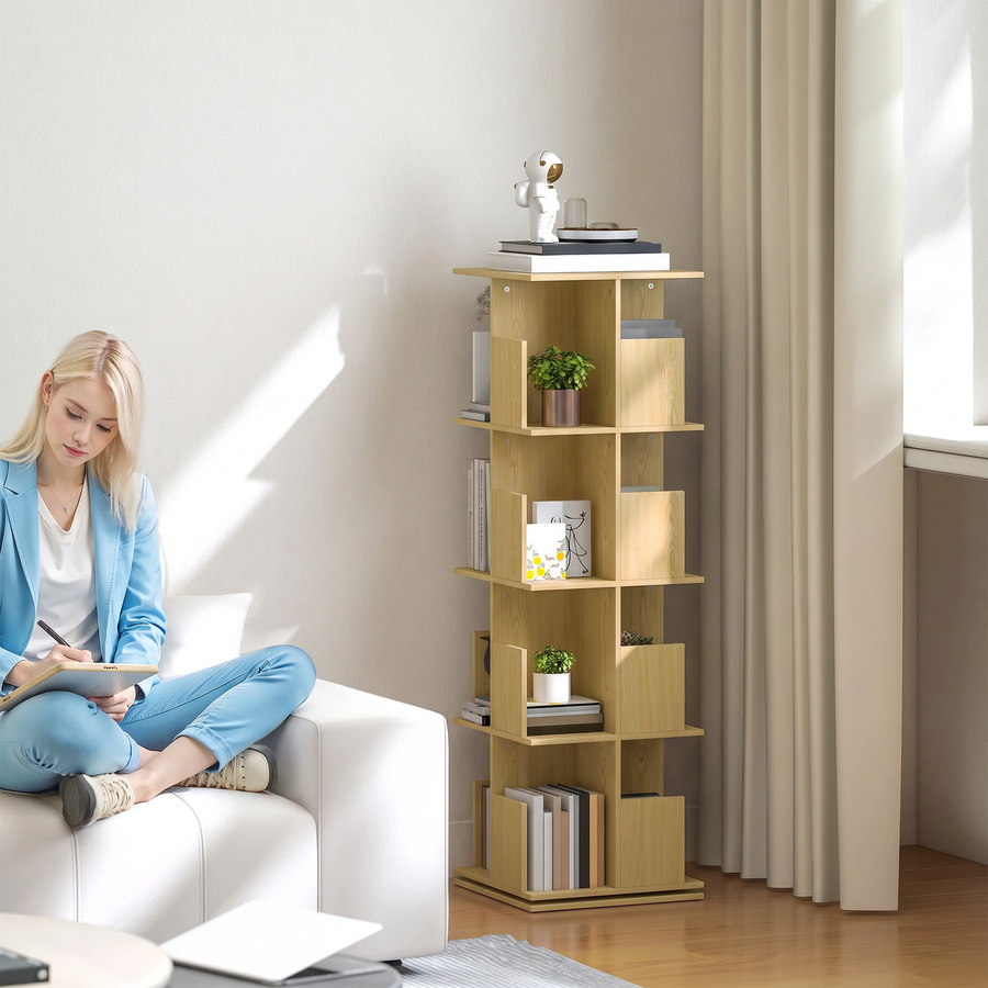 HOMCOM Drehbares Bücherregal 360 Grad mit 4 Ebenen und 16 Fächern in Eiche, B/T/H: 39 x 39 x 128,3 cm - Bild 2