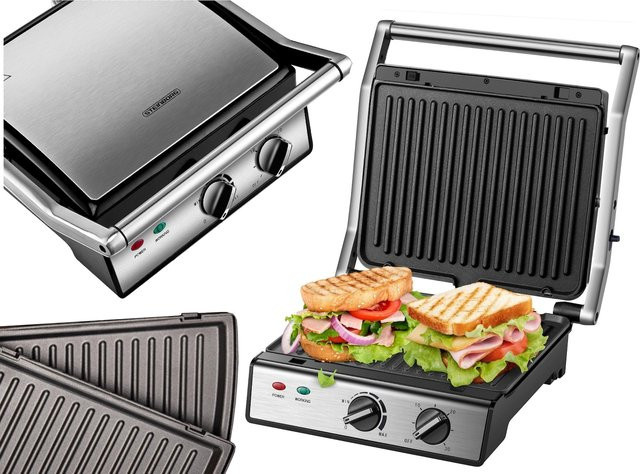Steinborg Kontaktgrill 180 Grad mit Timer und Thermostat in Silber aus Edelstahl mit 2000W - Bild 1
