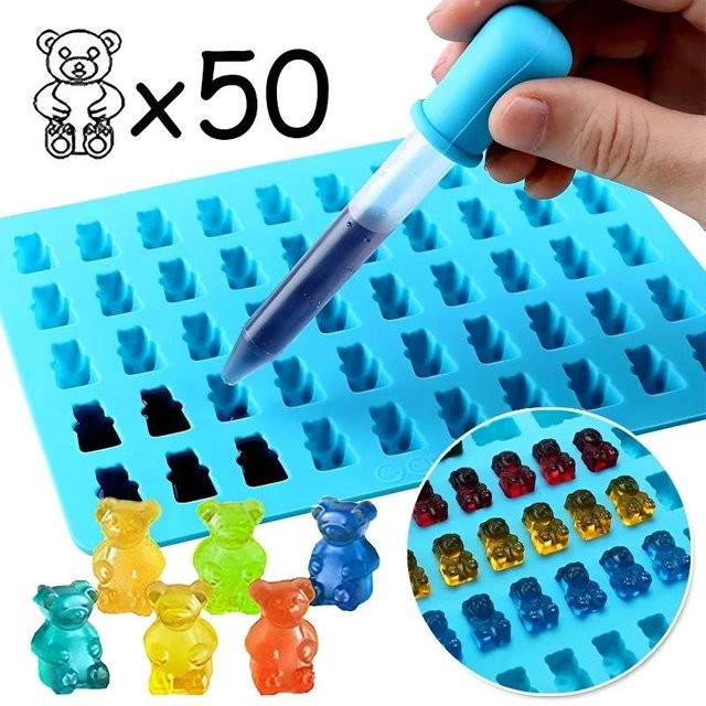 Silikon Gummibärchen-Form mit 50 Fächern und Tropfer in Grün für DIY Süßigkeiten, Schokolade und Fondant - Bild 1