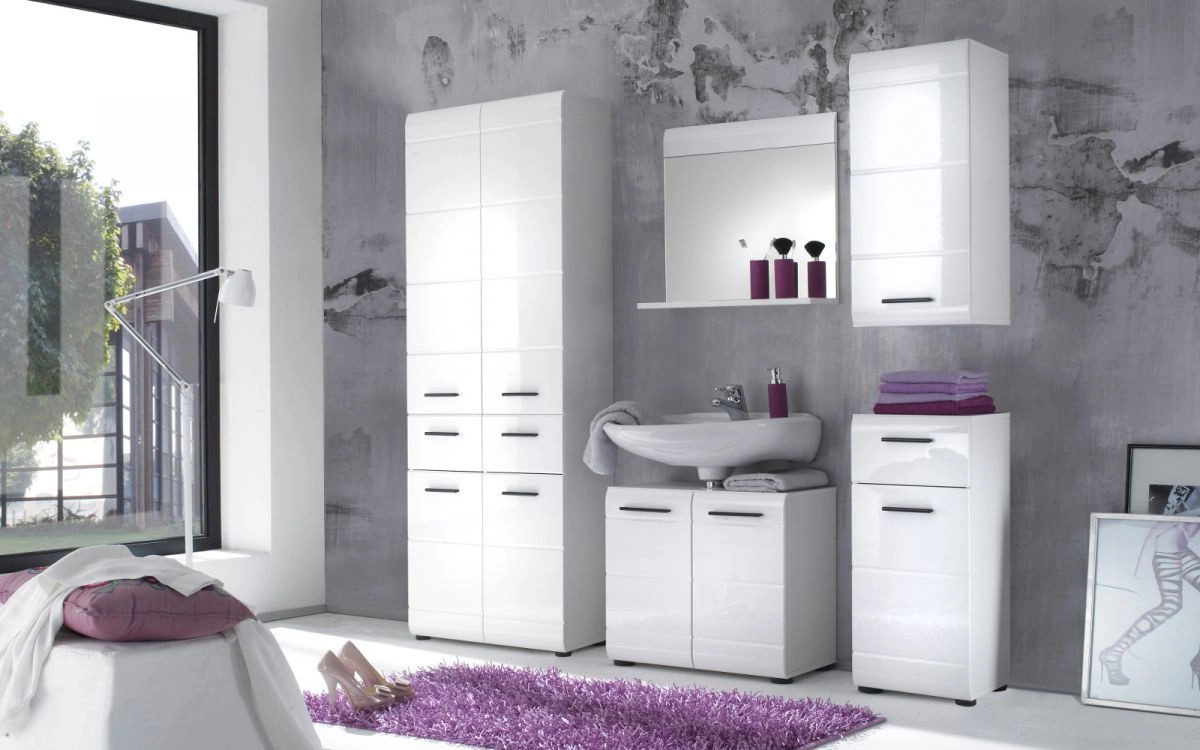 Trendteam Waschbeckenunterschrank Skin in Weiß Hochglanz mit Kassetten-Optik, Breite: 60 cm - Bild 3
