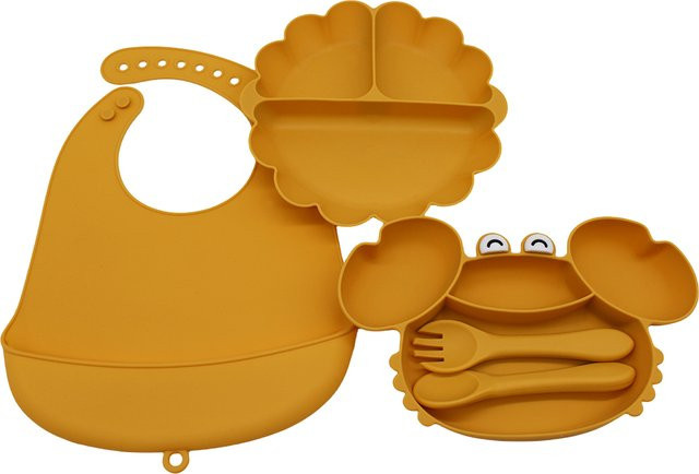Bneseus Baby Beikost Set mit Kürbis-Teller, Unterteilungen, Esslätzchen und Saugnapf in Beige und Orange - Bild 1