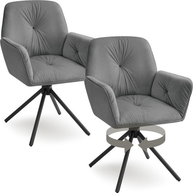 tectake 2er Set Drehbarer Armlehnstuhl Lenia in Samtoptik, gepolstert, Anthrazit, B/T/H: 54 x 56 x 86 cm - Bild 1