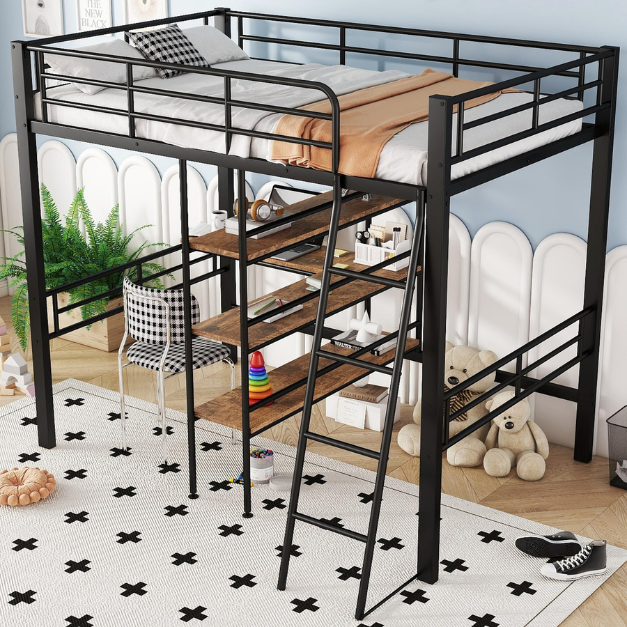 Flieks Funktionsbett Hochbett mit Schreibtisch und 3 Regalen in Weiß, B/T/H: 90 x 200 cm - Bild 6