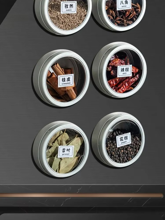 Magnetische Gewürzbehälter aus Weißblech und Glas in Silber mit transparentem Deckel, Wandmontierte Gewürzaufbewahrung Set - Bild 6
