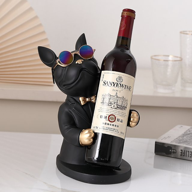 Milsccat Bulldoggen Weinhalter aus Harz in Schwarz als dekorative Tierfigur für Tisch und Schreibtisch - Bild 1