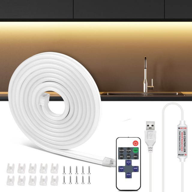 Lcamaw LED-Neonstreifen RGB mit Fernbedienung, dimmbar, IP65 wasserdicht, weißes USB-Neon-Seil für deine Zimmerbeleuchtung - Bild 1