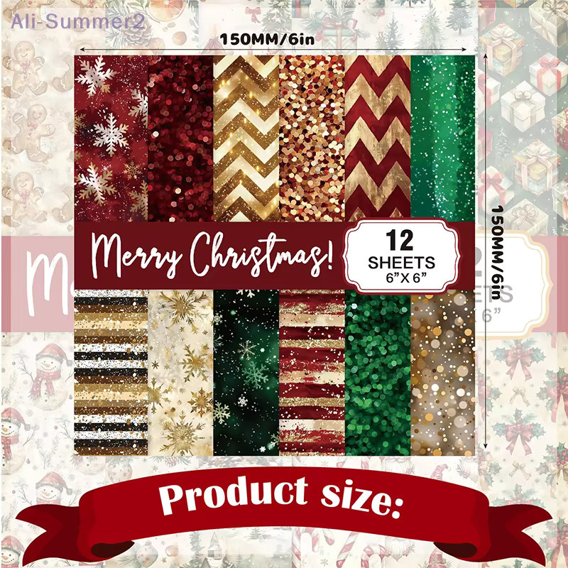 Weihnachts-Scrapbook-Papierblock mit 12 Blättern, 6 x 6 cm, glitzernde Konfetti-Schneeflocken, einseitig bedruckter Karton, 160 g/m2, säurefrei, mehrfarbig - Bild 5