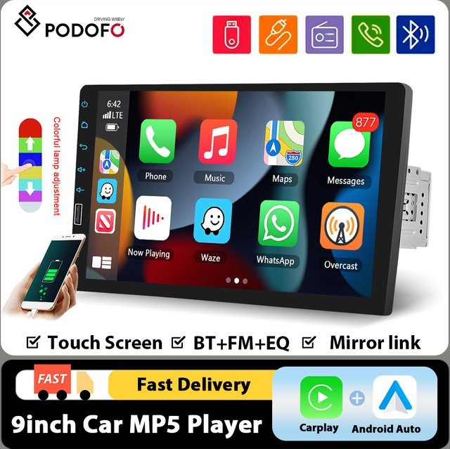 Podofo 1 DIN Autoradio mit 9 Zoll Touchscreen, CarPlay, Android Auto, Mirror Link, Bluetooth, FM und Rückfahrkamera in Schwarz - Bild 1